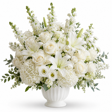 Pure Serenity Arrangement - lush all-white floral arrangement with lilies, roses and hydrangeas in a white ceramic urn vase