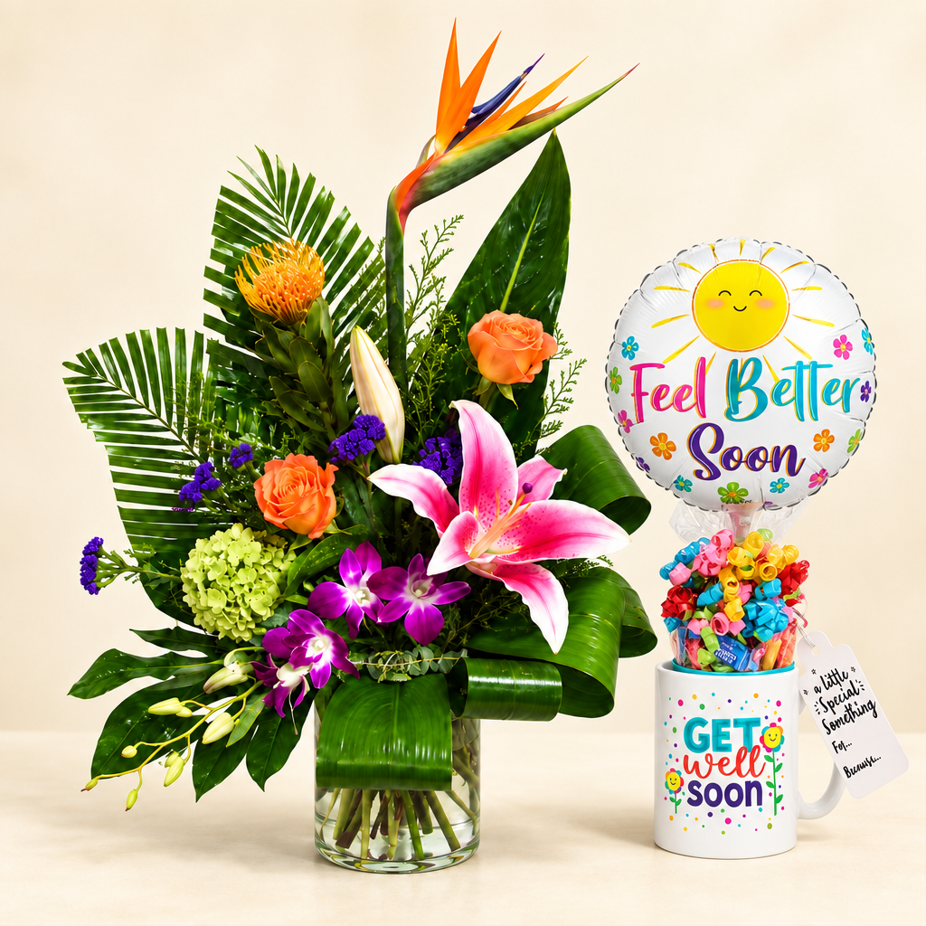 Arrangement tropical avec tasse de bonbons et ballon Feel Better Soon