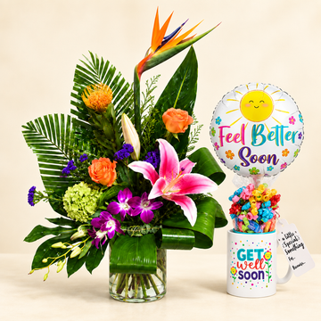 Arrangement tropical avec tasse de bonbons et ballon Feel Better Soon