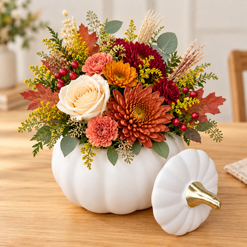 Fall flower arrangement in a white pumpkin vase with gold lid, burgundy mums, orange chrysanthemums, ivory rose and seasonal greenery