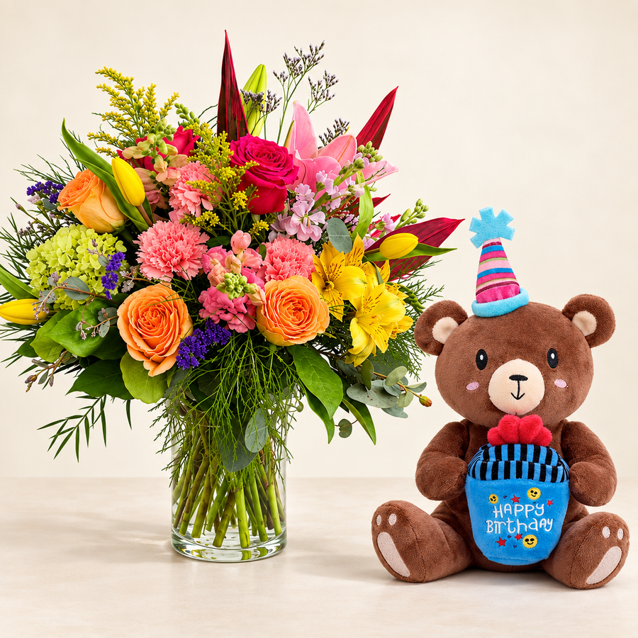 Birthday Joy — Dreamland Flowers & Musical Bear — styled digital preview