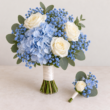 Blue and ivory bridal bouquet with matching boutonniere