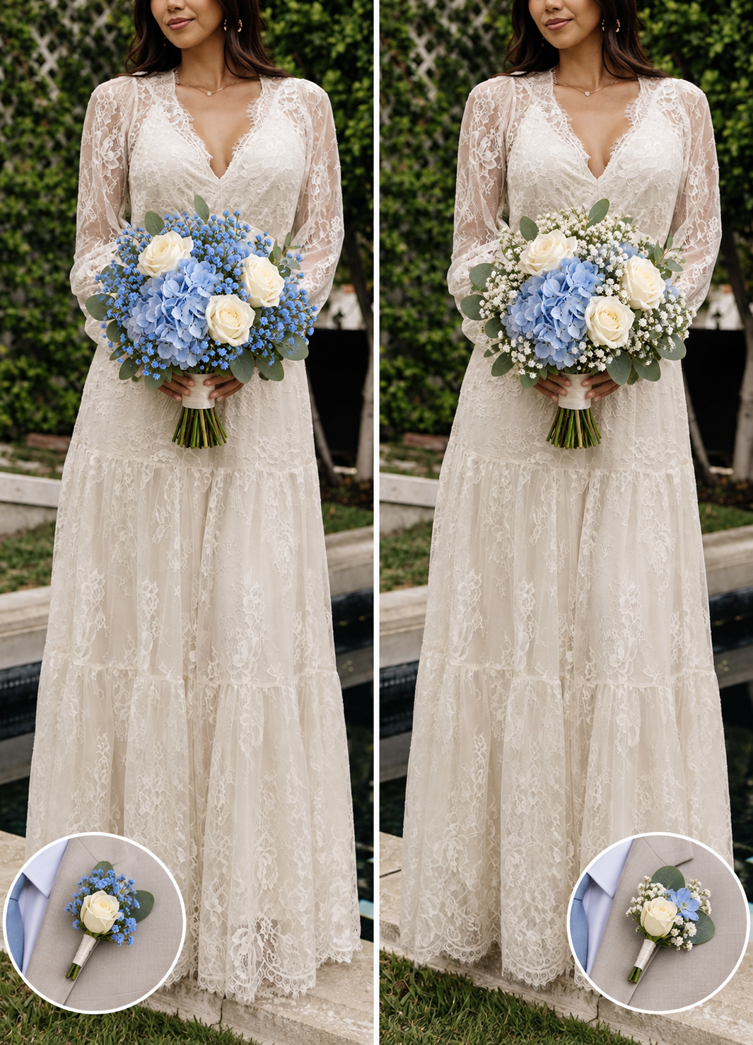 Blue and white bridal bouquet options with matching boutonnieres