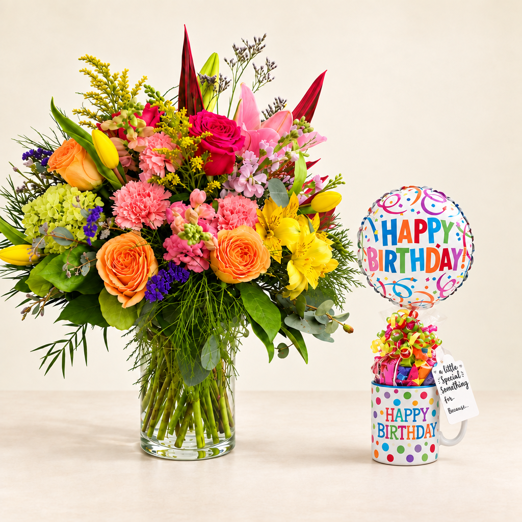 Bouquet avec tasse et ballon aux proportions réduites