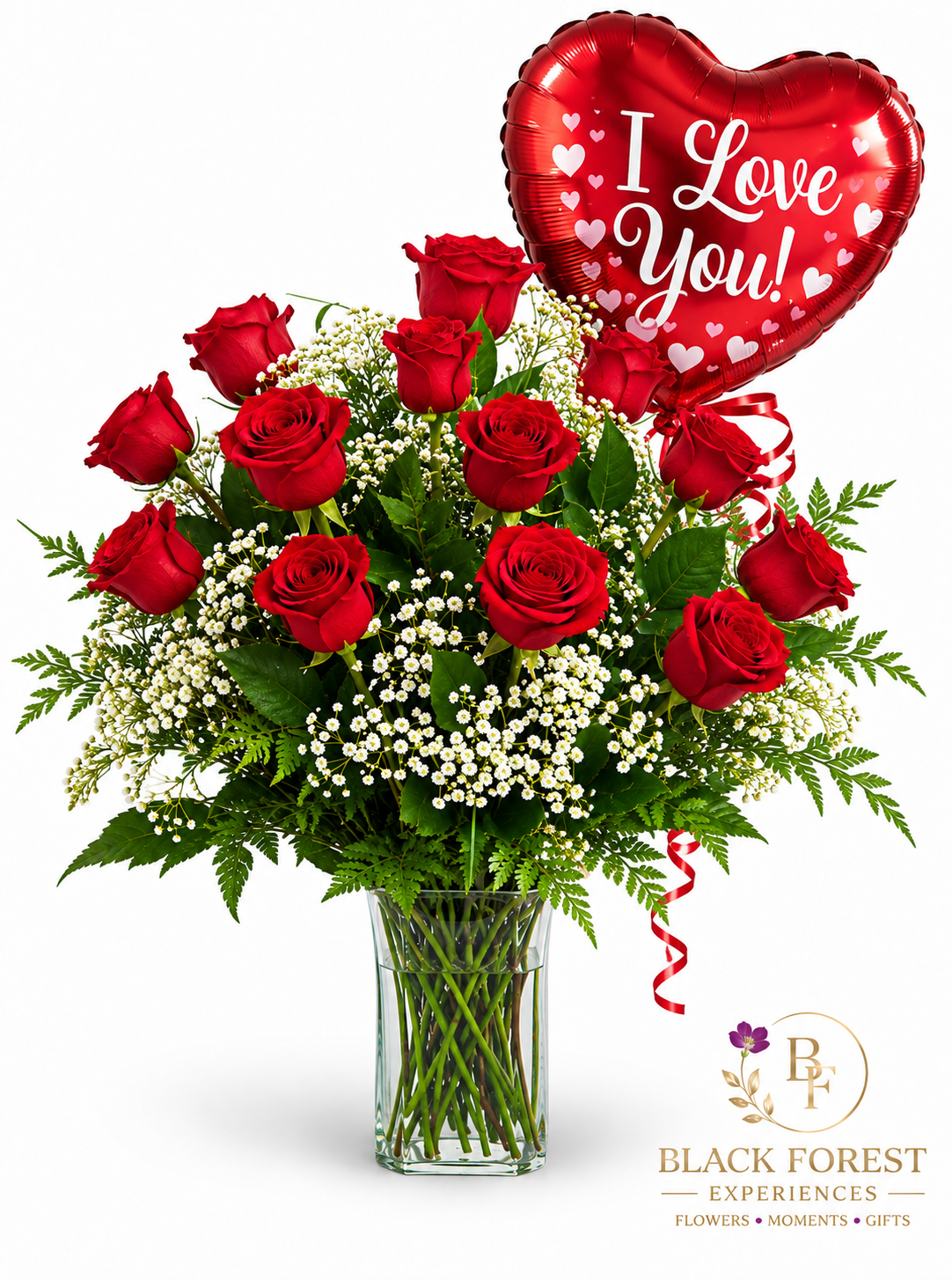 Dozen red roses with I Love You helium heart balloon - Black Forest Flowers & Gifts