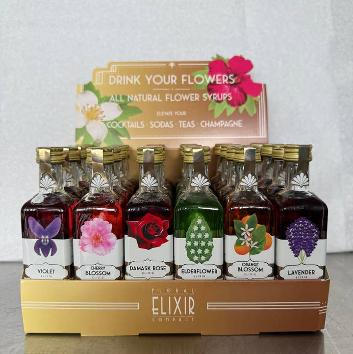 Floral Elixir Co. mini flower elixir syrups display