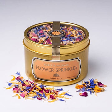 Floral Elixir Co. edible Flower Sprinkles in reusable Gold Tin