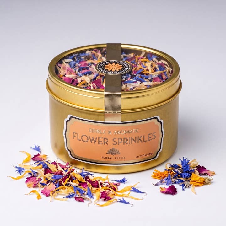 Floral Elixir Co. edible Flower Sprinkles in reusable Gold Tin