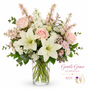 Gentle Grace Sympathy Arrangement - white lilies, blush roses, pink stocks and chrysanthemums in a glass vase