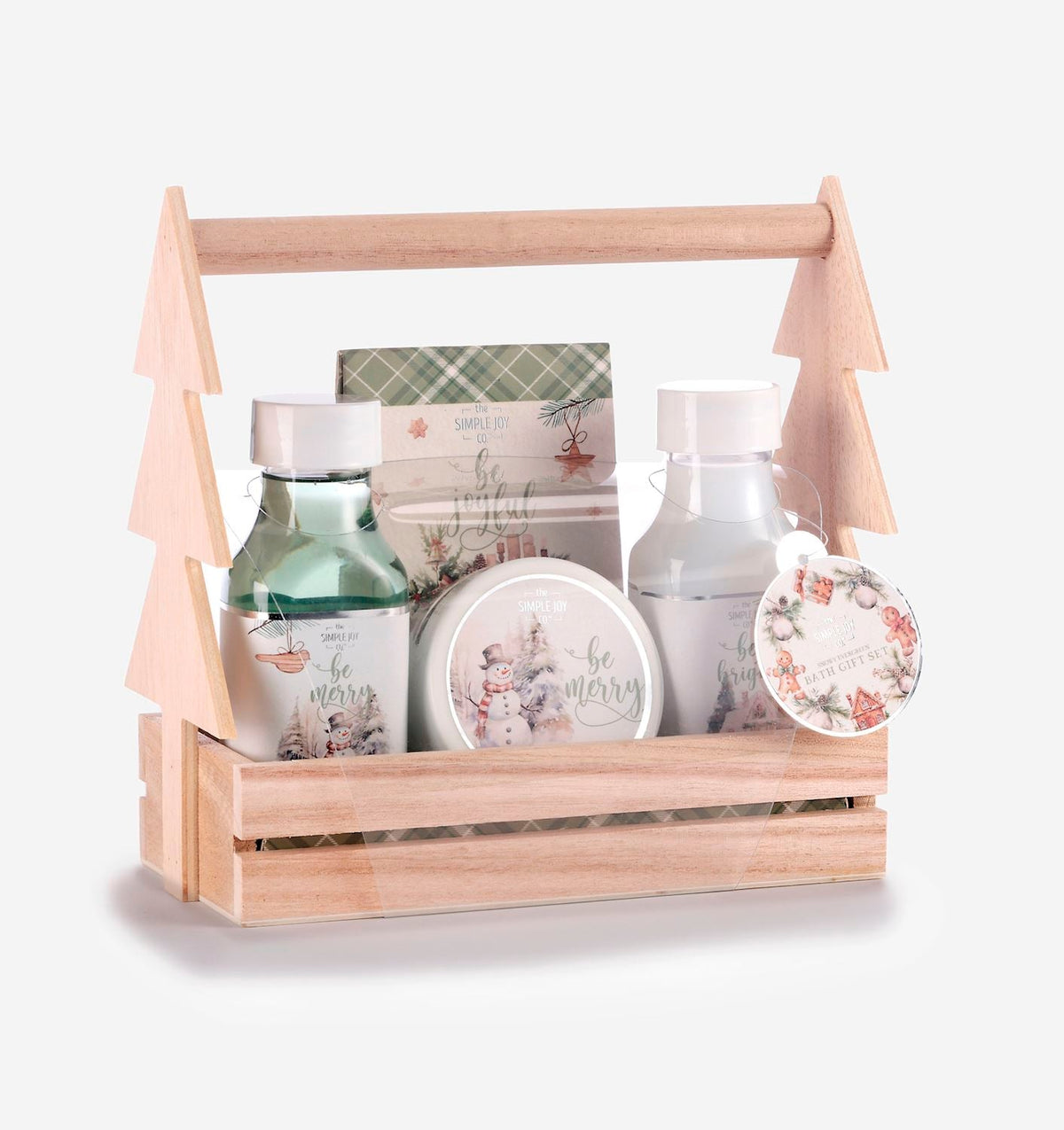 Merry Mint four-piece bath gift set presented in a wooden tray.