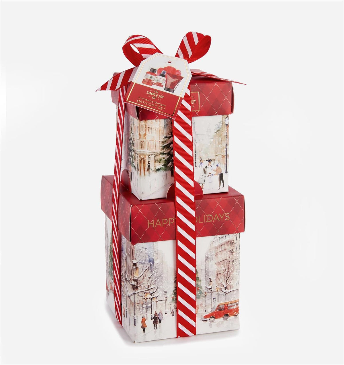 Four-piece shower and body gift set with shower gel, body mist, body lotion and mesh sponge.