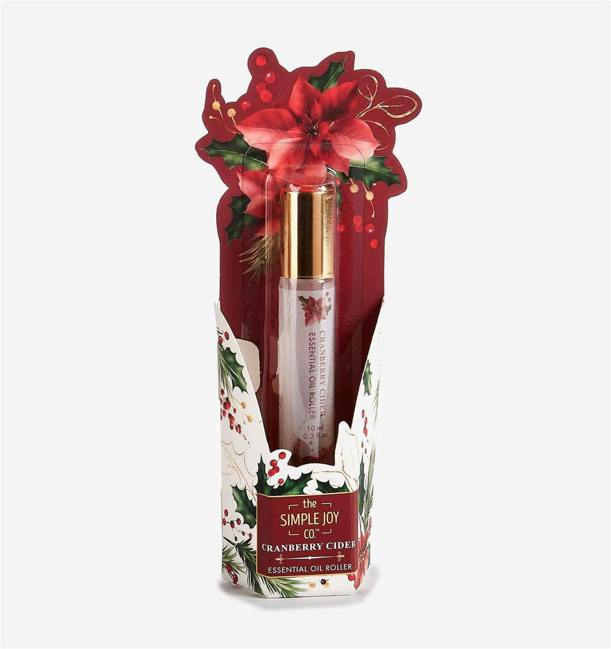 Cranberry Cider essential oil roller, 10 ml glass bottle with gold-tone cap.