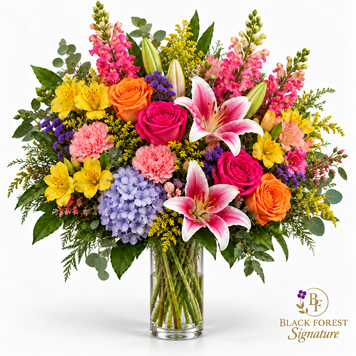Harbor Blue Black Forest Signature garden arrangement with blue hydrangea