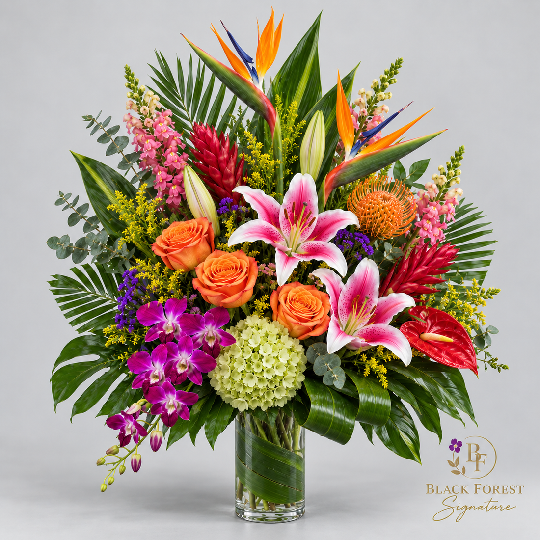 Gulf Sunset Black Forest Signature tropical flower arrangement