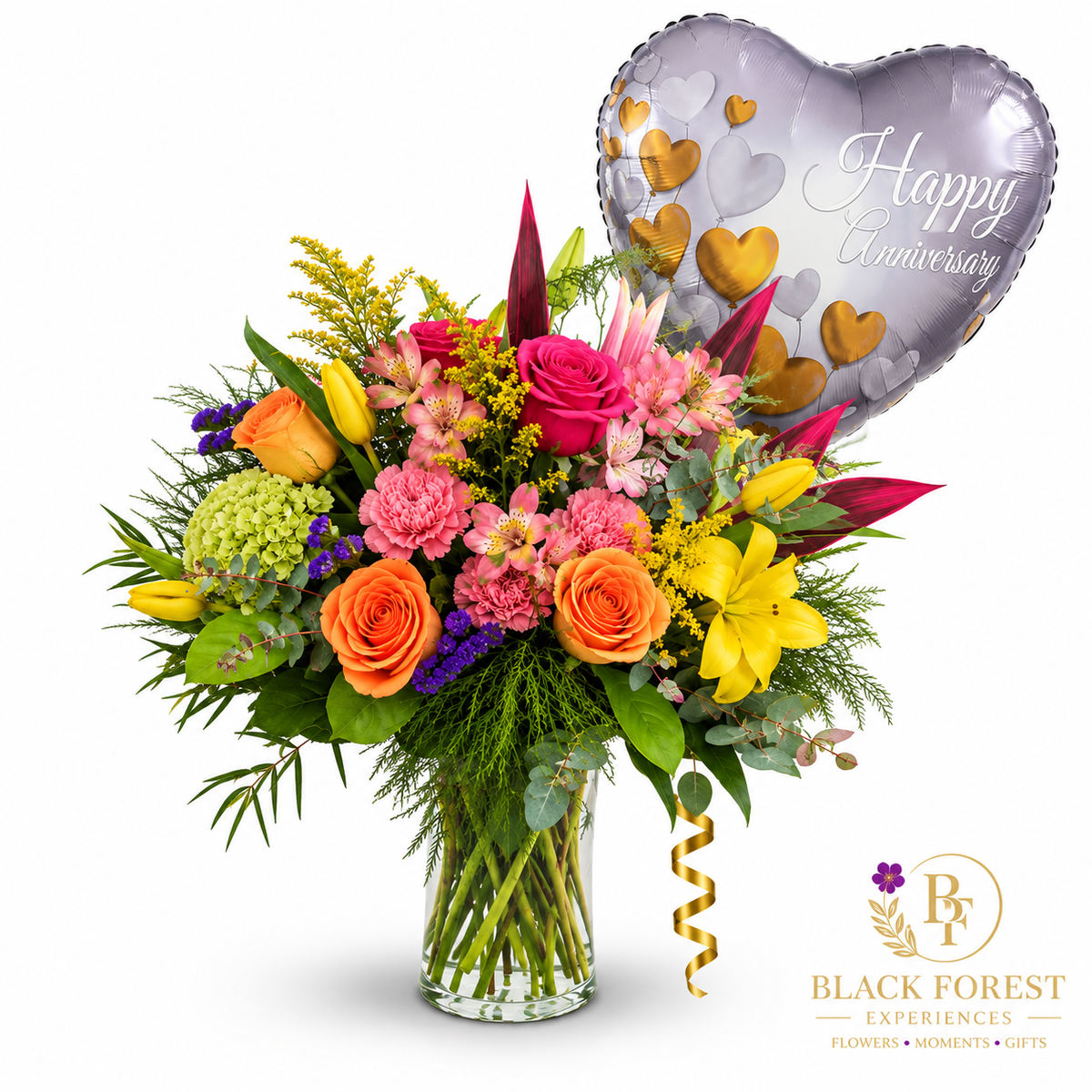 Happy Anniversary colorful bouquet with fully visible helium balloon - Black Forest Flowers & Gifts
