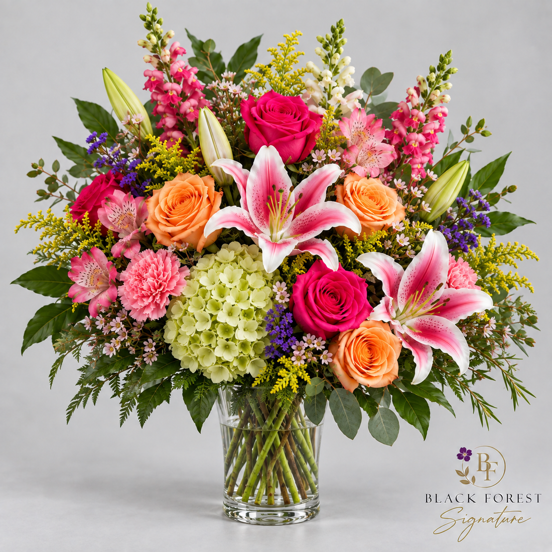 Golden Hour Black Forest Signature warm flower arrangement