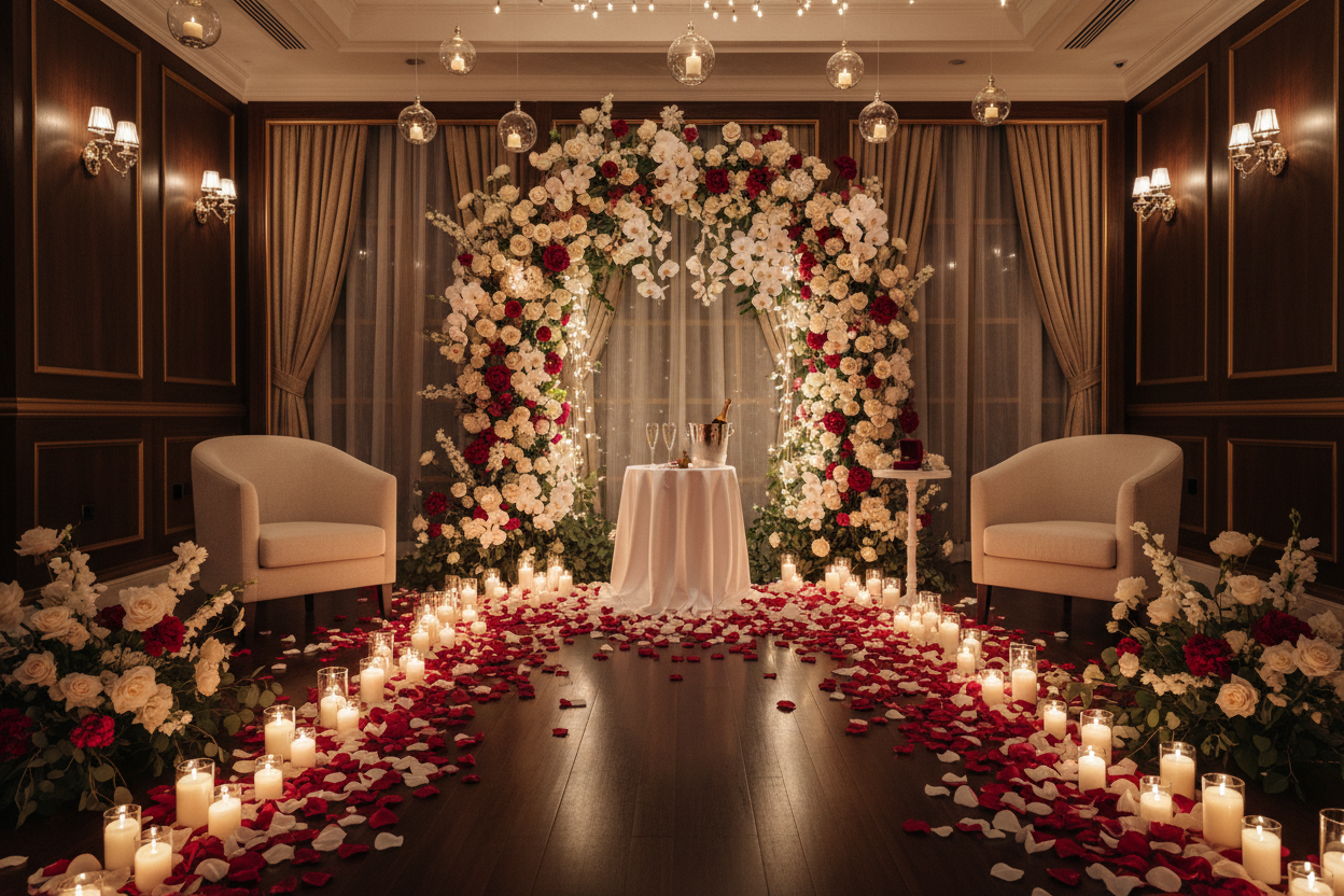 Proposal moment setup with flowers, candles and rose petals