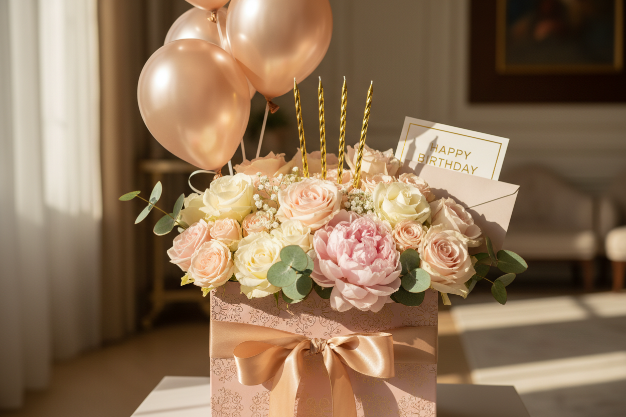 Celebration box with flowers, candles and ribbon