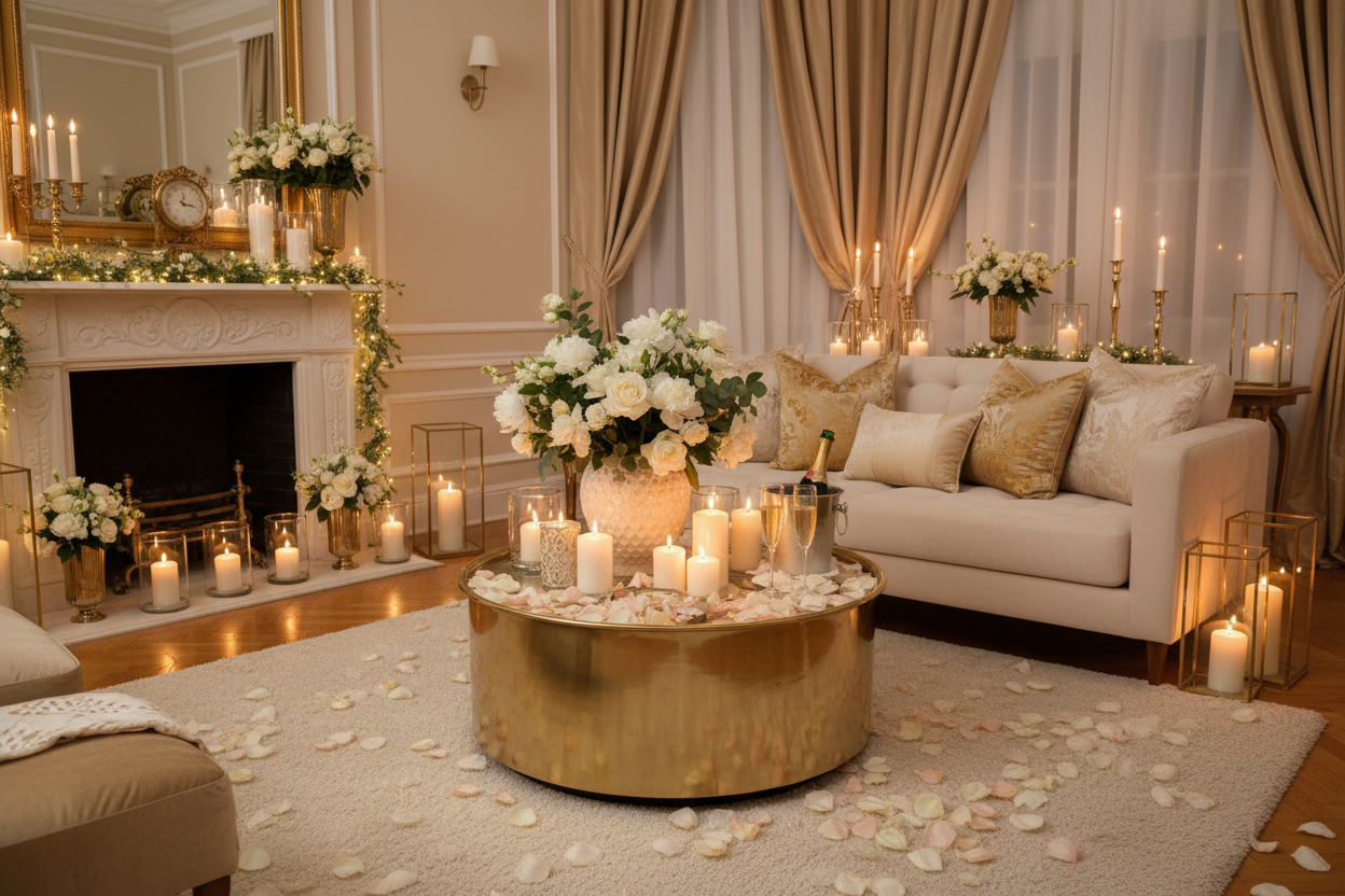 Custom home setup with flowers, candles and elegant decor