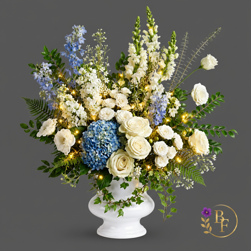 Arrangement floral Carried by the Light avec lumières dorées douces sur fond gris foncé