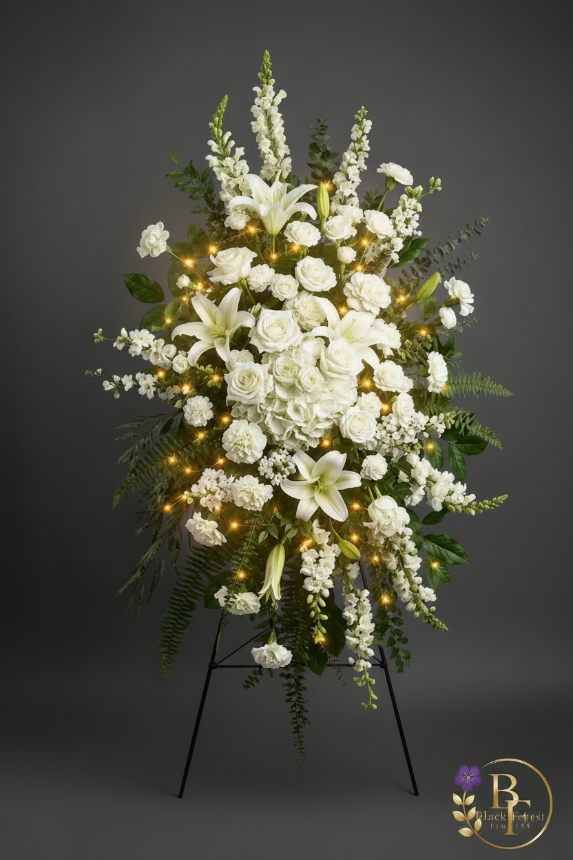 Arrangement floral Where the Light Remains avec lumières dorées douces sur fond gris foncé