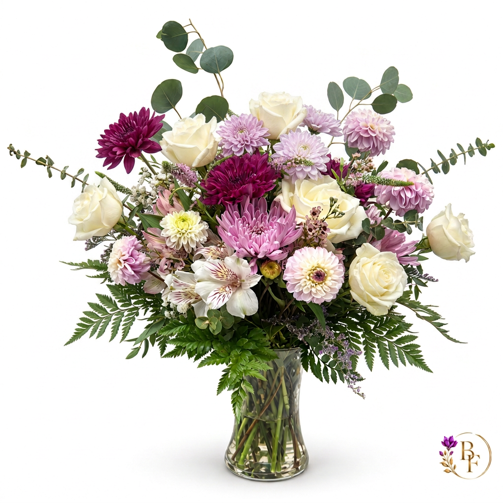 Lavender & Plum Arrangement avec le milieu haut légèrement étoffé