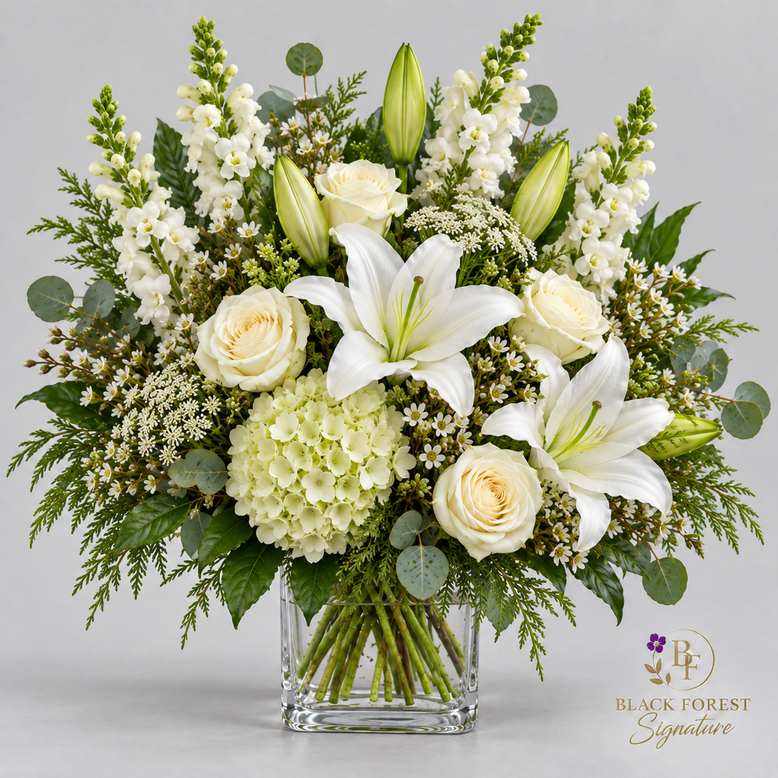 Moonlit Ivory Black Forest Signature white flower arrangement