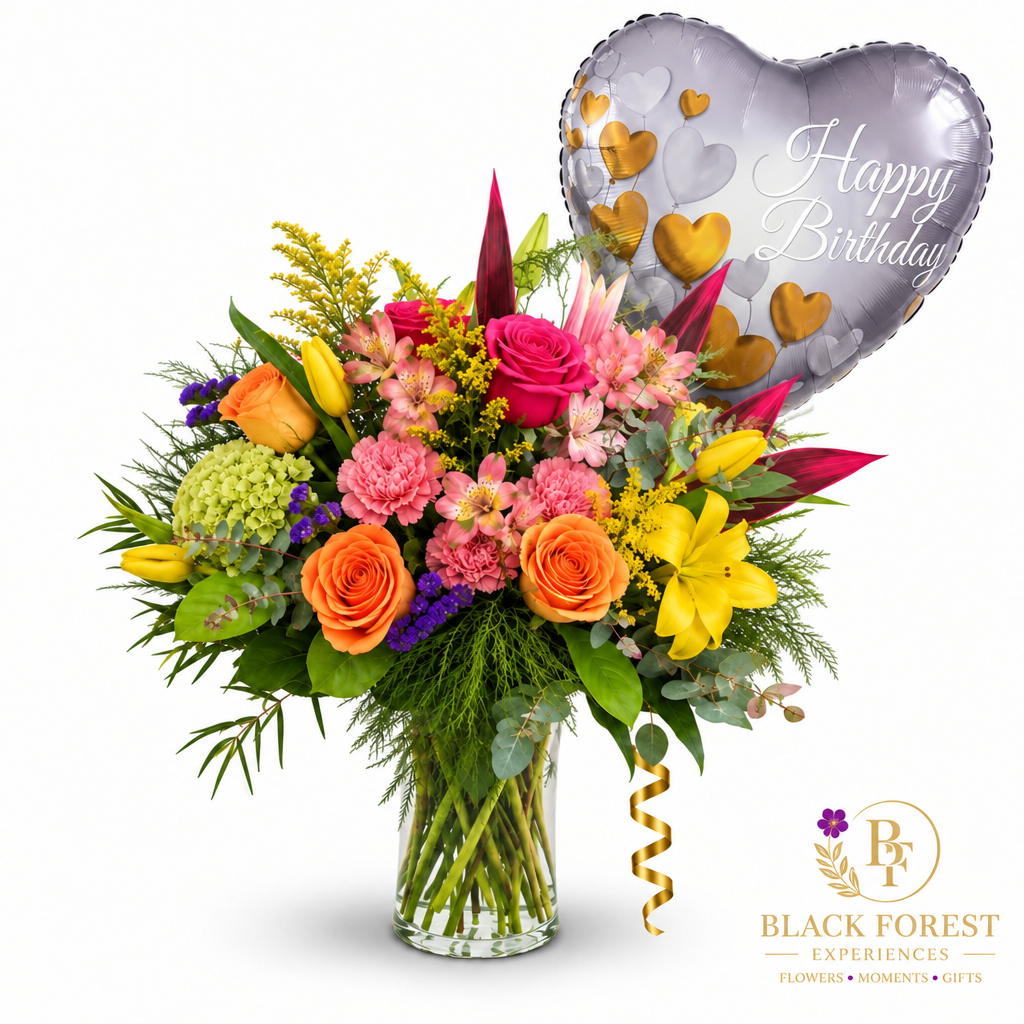 Photo du bouquet avec le ballon Happy Birthday