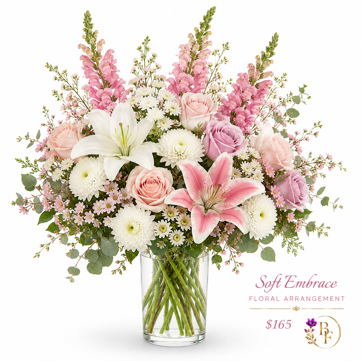 Soft Embrace Floral Arrangement - pink roses, lavender roses, stargazer lilies, snapdragons and white chrysanthemums in a glass vase