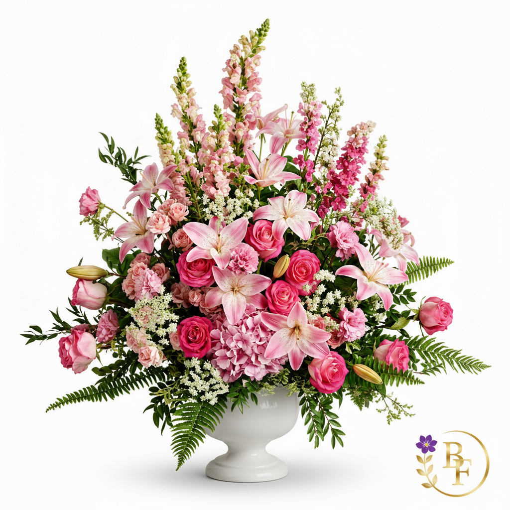 Stargazer flower arrangement in a white vase