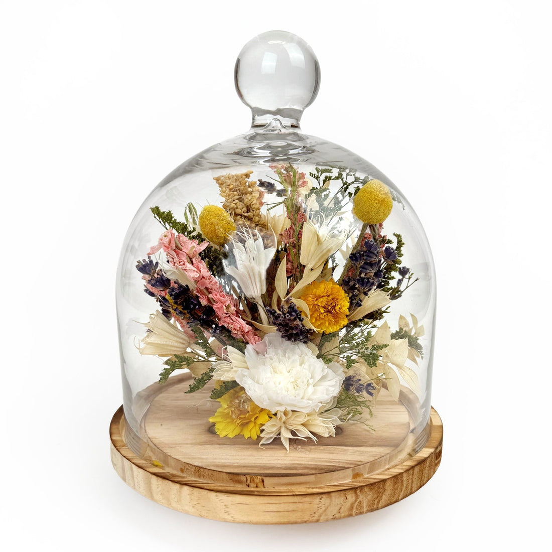 10-inch white carnation and lavender botanical cloche