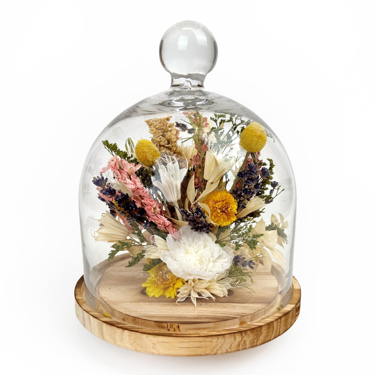 10-inch white carnation and lavender botanical cloche