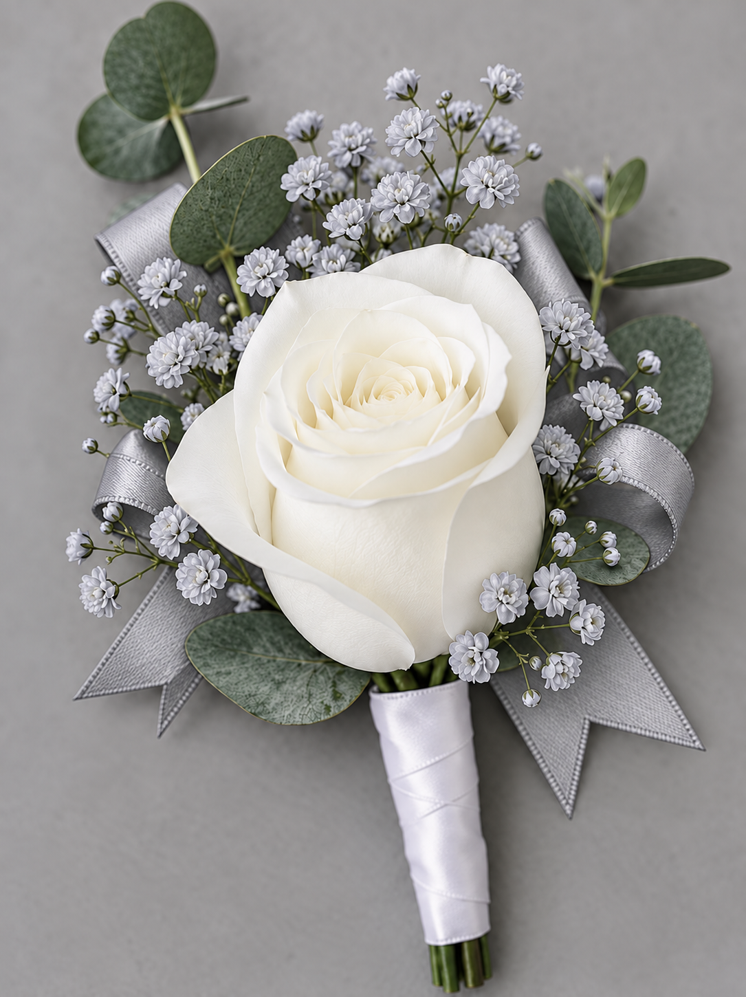 Silver matching boutonniere with white rose, silver accents and silver ribbon