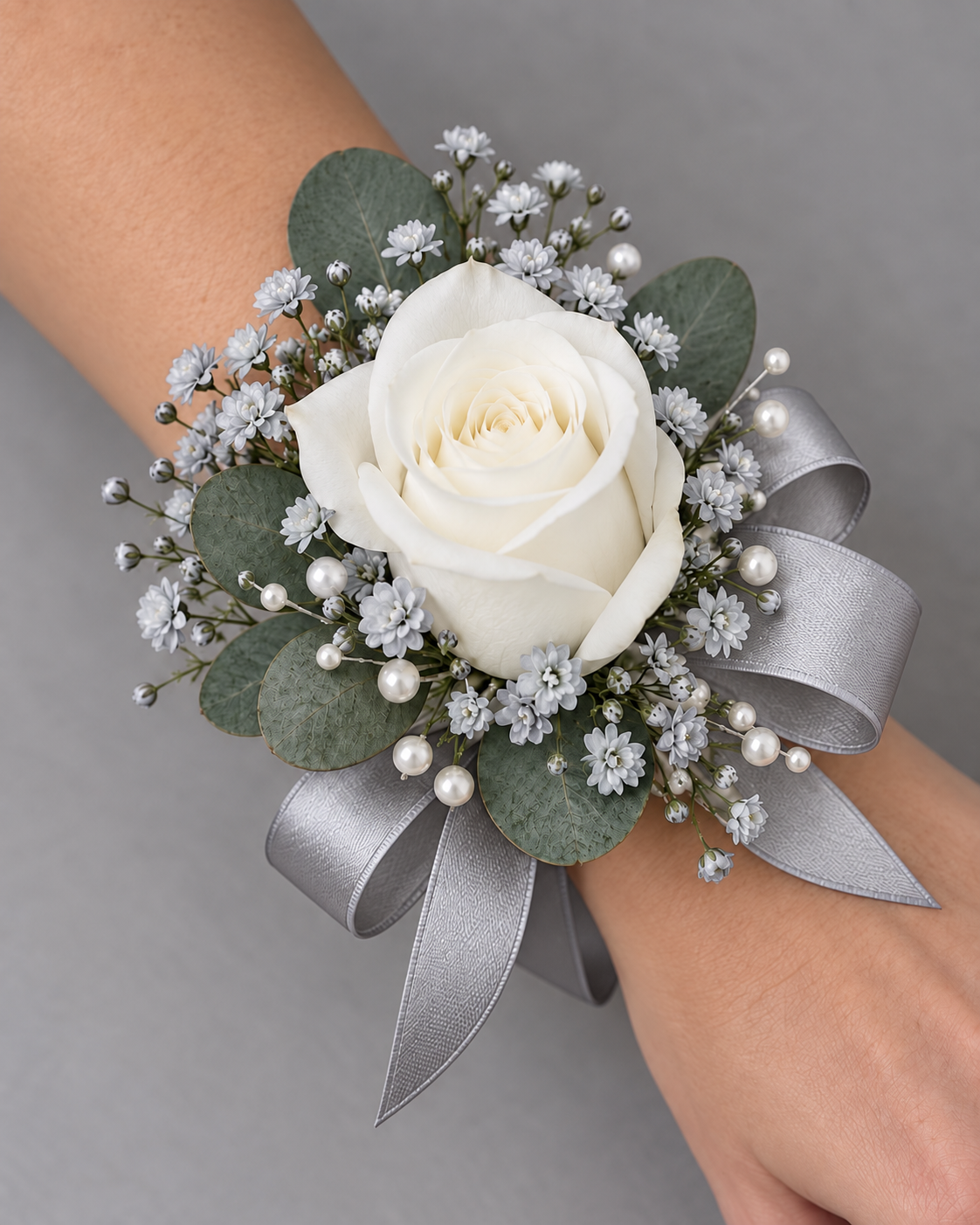 Silver wrist corsage with white rose, silver accents and silver ribbon