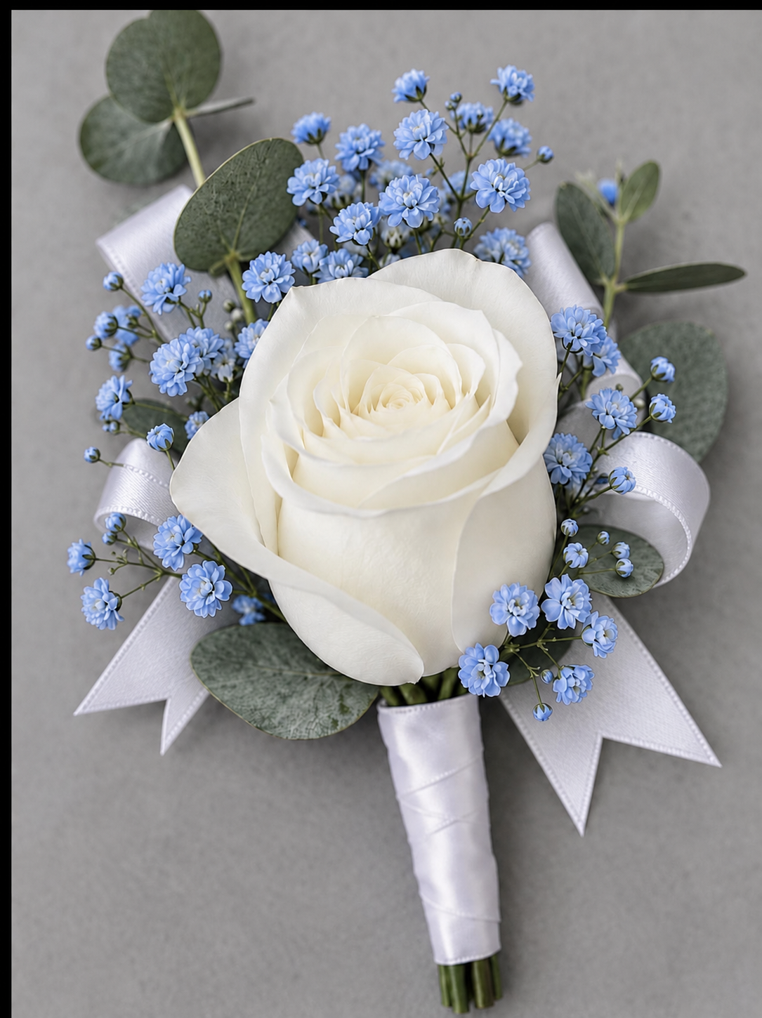 White ribbon boutonniere with blue floral accents